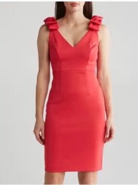 Eliza J Coral Red V-Neck Bow-Shoulder Sheath Dress NWOT